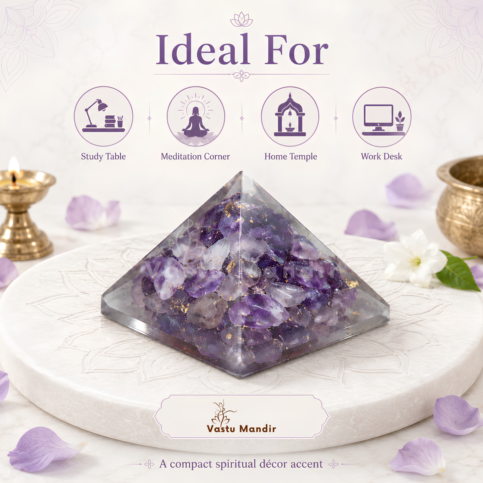Amethyst Orgone Pyramid, amethyst crystal – side profile showing the pyramid height and slope