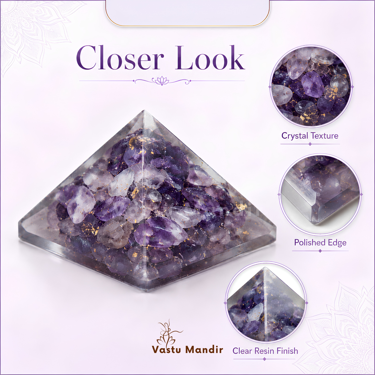 Amethyst Orgone Pyramid, amethyst crystal – top-down view showing the apex and square base