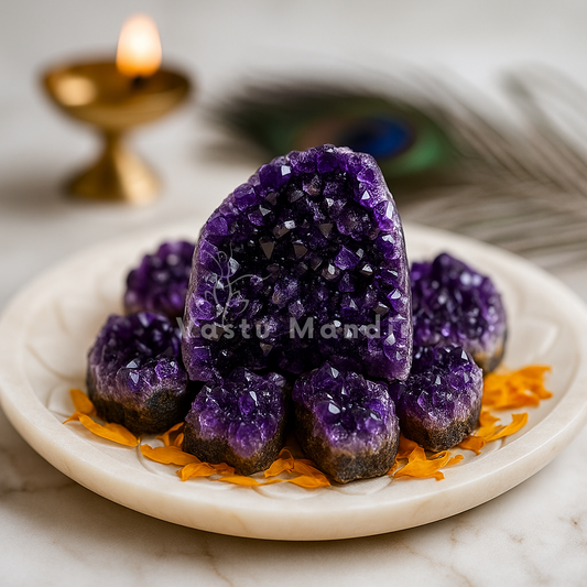 Amethyst crystal formation on a white plate with a blurred candle and crystals in the background.