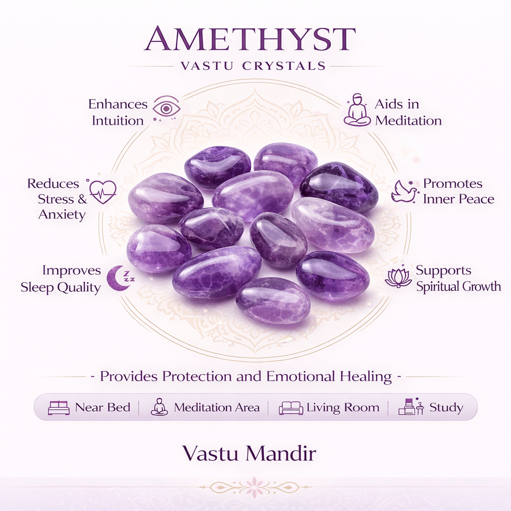 Amethyst crystals with their benefits on a white background