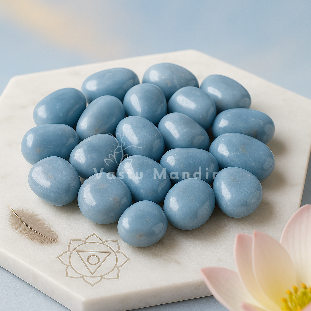 Natural angelite tumbled stones on a hexagonal marble plate with 'Vastu Mandir' branding, featuring a feather and lotus flower.
