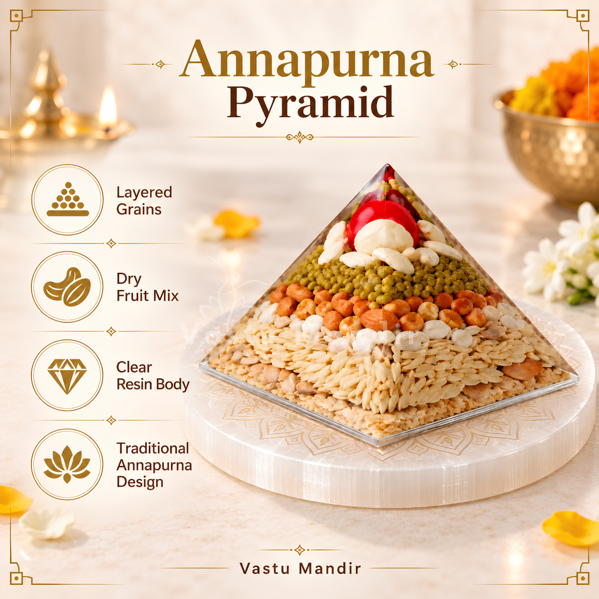 Annapurna Pyramid Vastu Remedy for Prosperity, Abundance and Wastage Control for Kitchen, Home Stability and Nourishment Energy Balance | 8 cm | 140 g