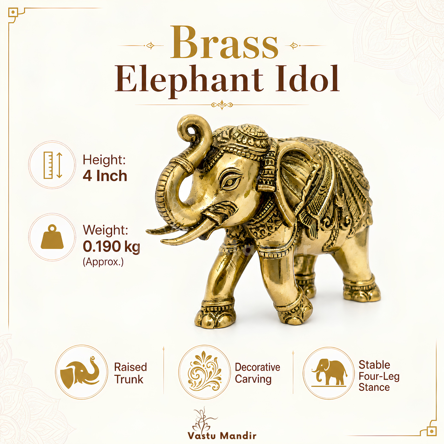 Royal Elephant Brass Figurine | Vastu Remedy for Strength, Stability & Good Fortune | 4 Inch | 190 g
