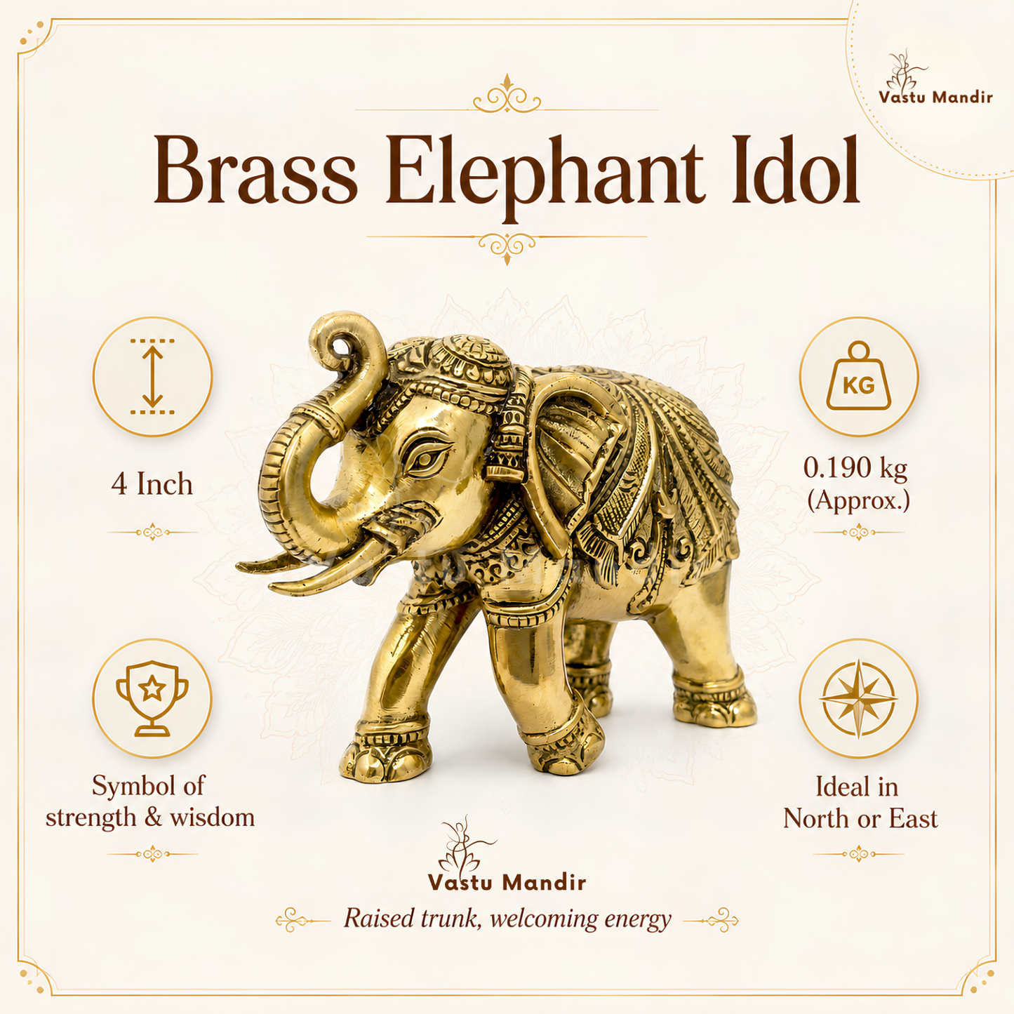 Royal Elephant Brass Figurine | Vastu Remedy for Strength, Stability & Good Fortune | 4 Inch | 190 g