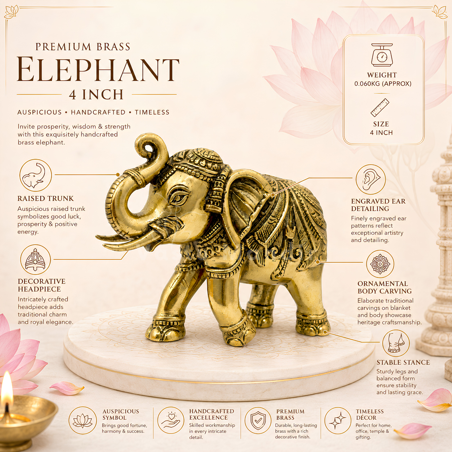 Royal Elephant Brass Figurine | Vastu Remedy for Strength, Stability & Good Fortune | 4 Inch | 190 g