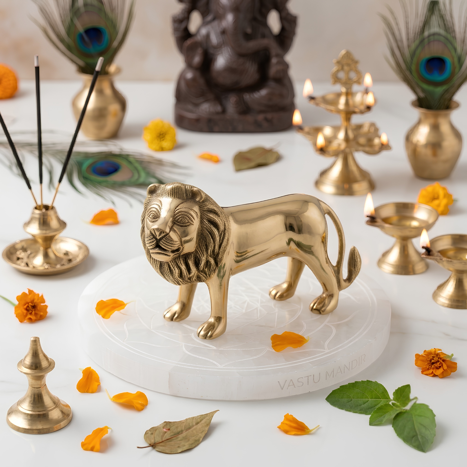 Large brass lion idol alternate side angle on a white marble platform