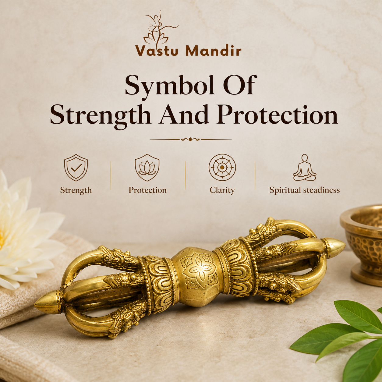 Brass Vajra Idol with text on strength, protection, clarity, and spiritual steadiness by Vastu Mandir.