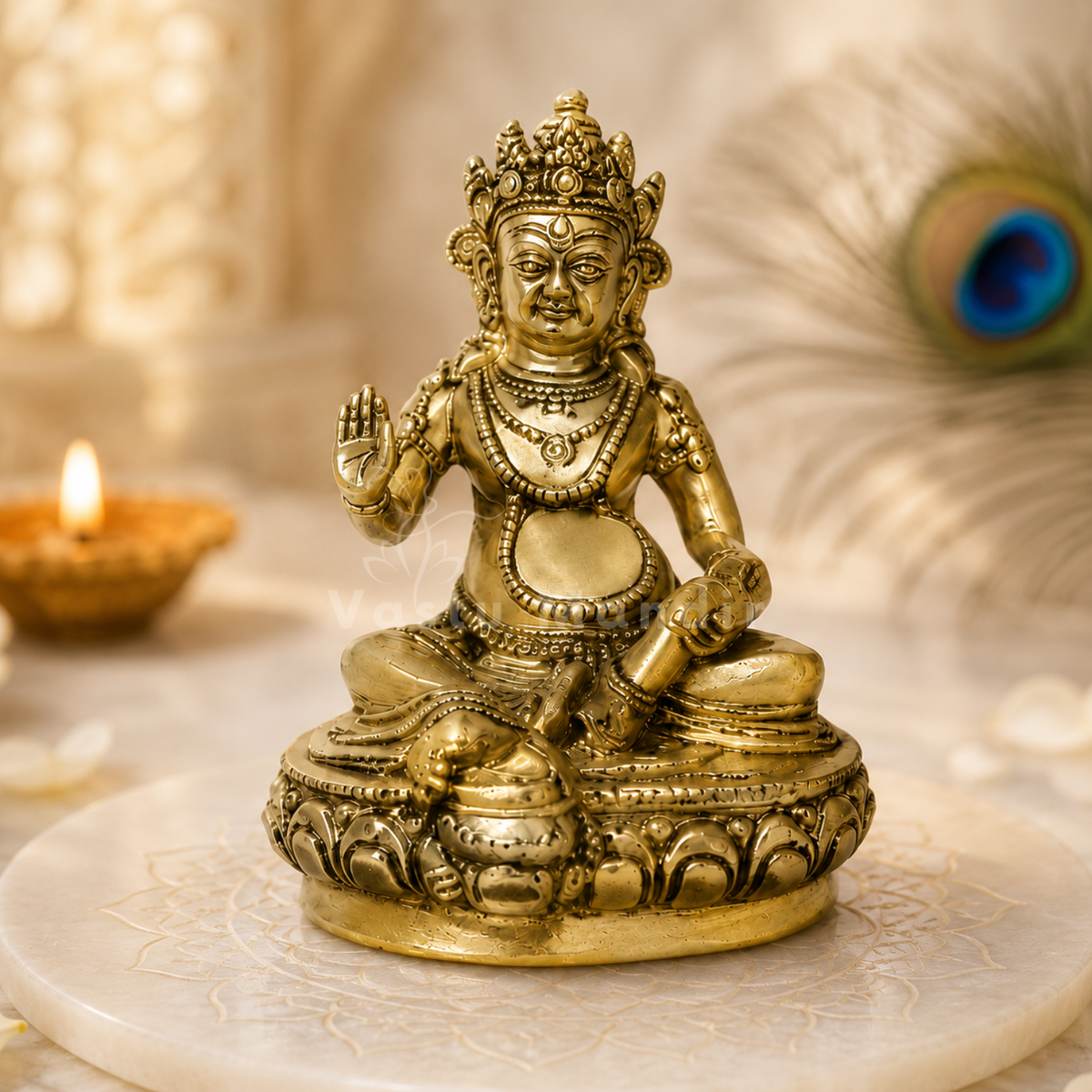 Big Kuber Ji brass idol on a sacred marble plate with diya and peacock feather