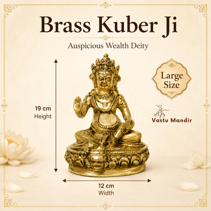 Big Kuber Ji brass idol dimension infographic showing 19 cm height and 12 cm width