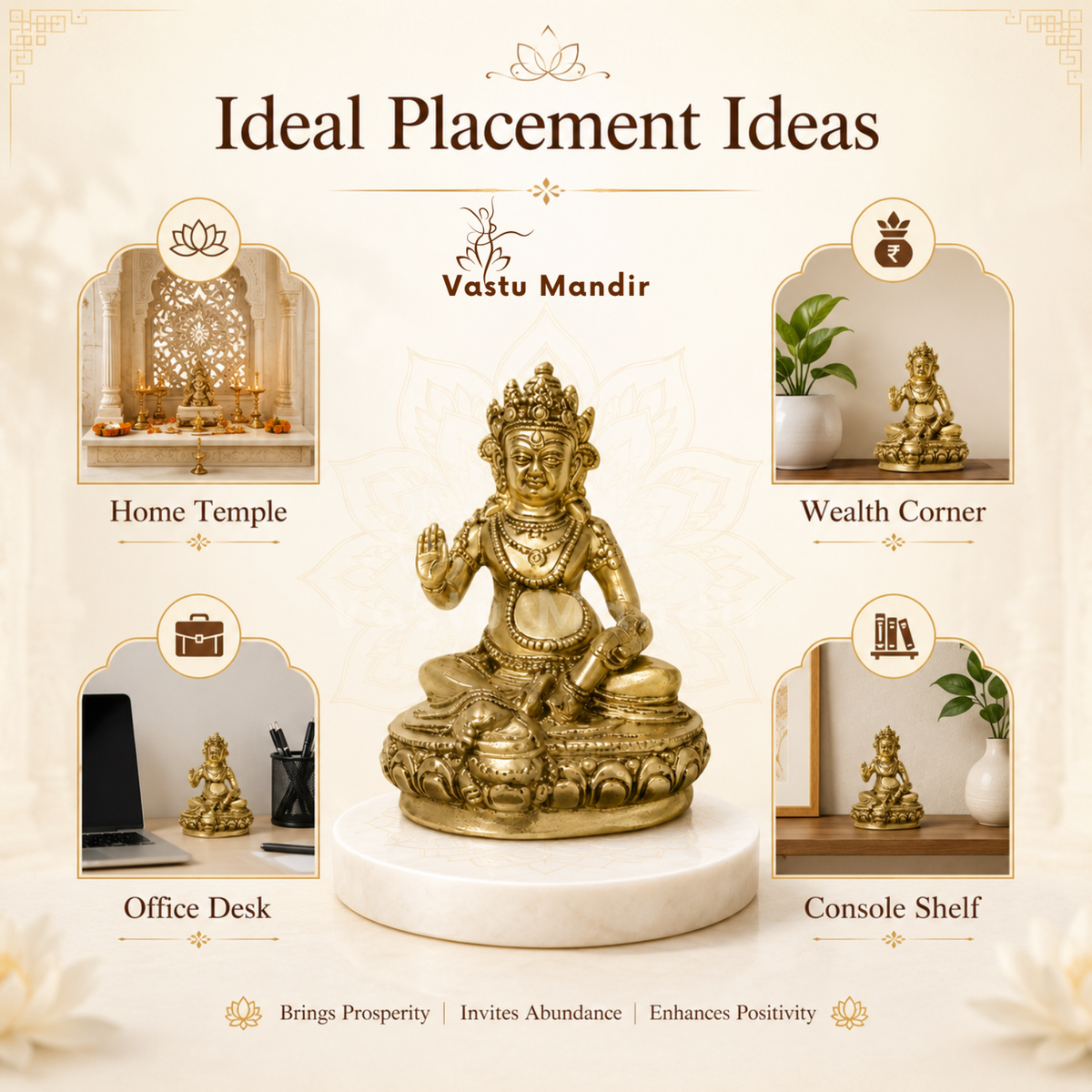 Big Kuber Ji brass idol placement infographic showing home temple, office desk and shelf settings