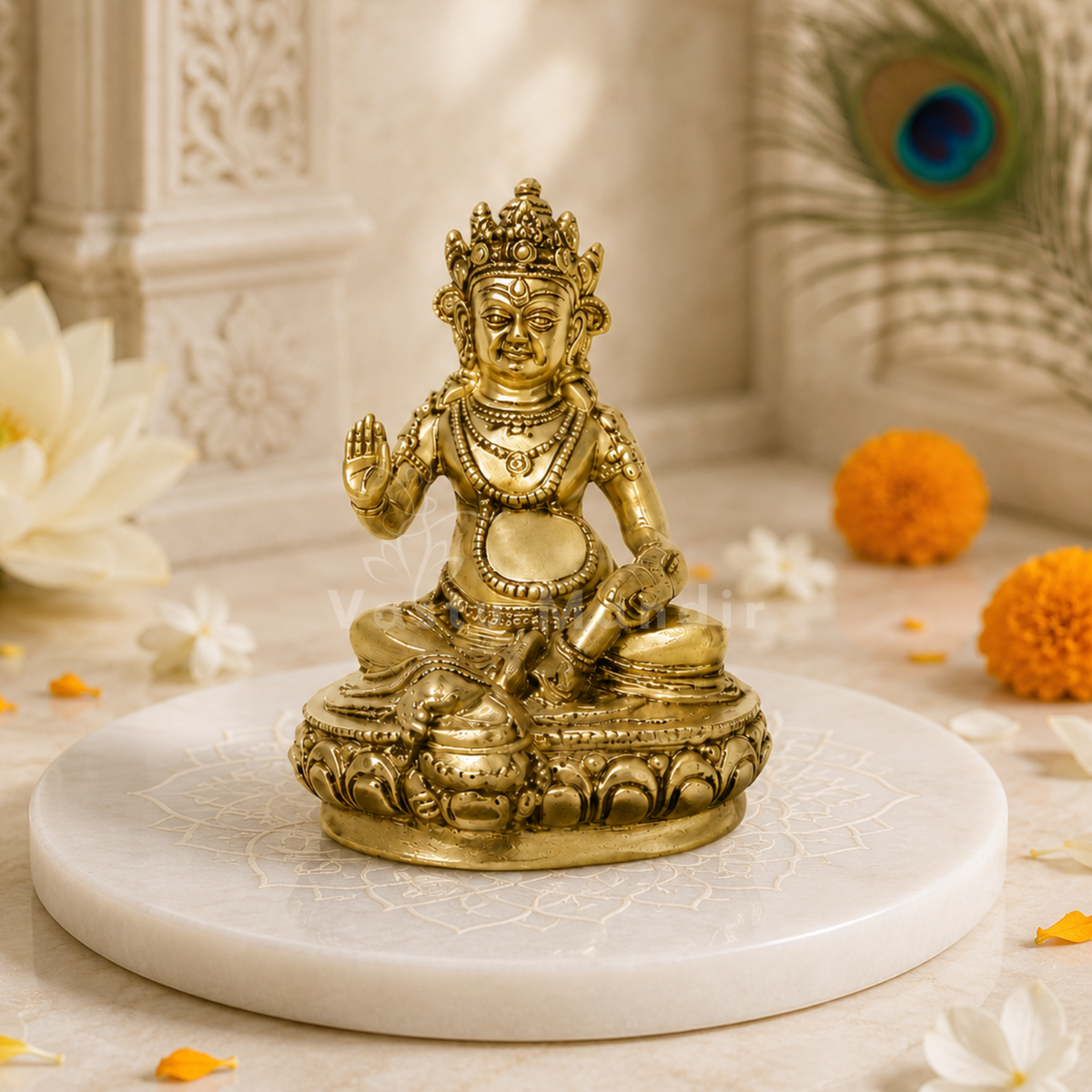 Big Kuber Ji brass idol on a sacred white plate with floral accents