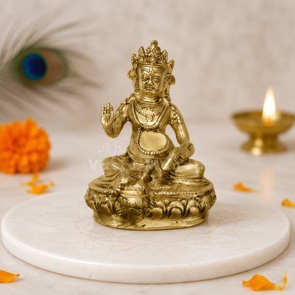 Big Kuber Ji brass idol on a white pedestal with marigold petals and diya