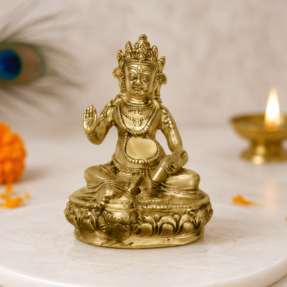 Big Kuber Ji statue on a white marble base with flowers and a candle in the background.