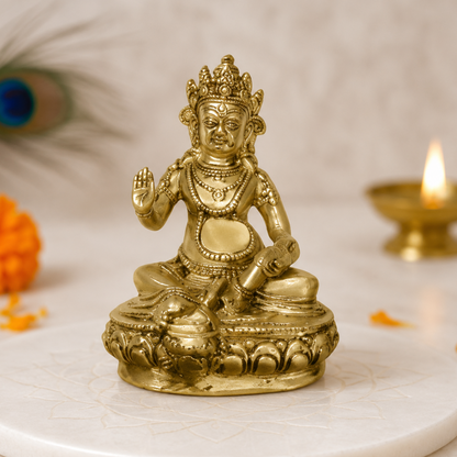 Big Kuber Ji statue on a white marble base with flowers and a candle in the background.