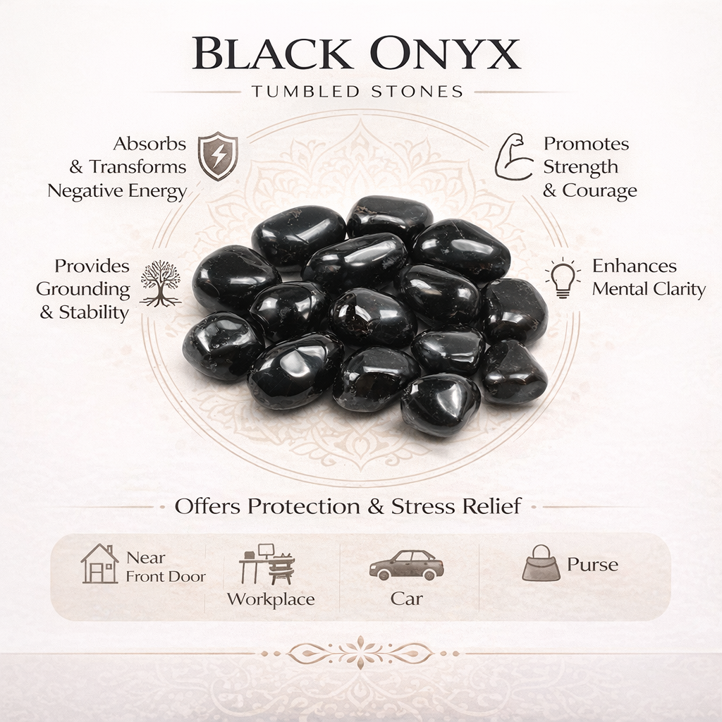 Tumbled black onyx stones with benefits and uses on a white background