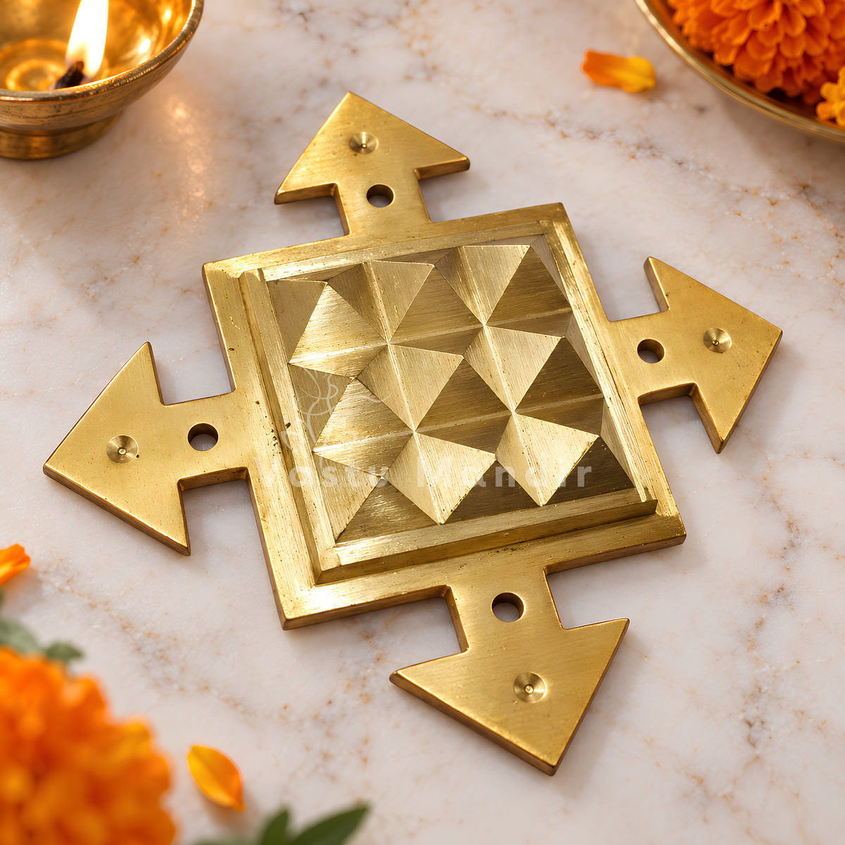 Brass Arrow Pyramid Plate – Vastu Remedy for South Direction Correction | Energy Flow Support | 4 x 4 Inch | ~350 g