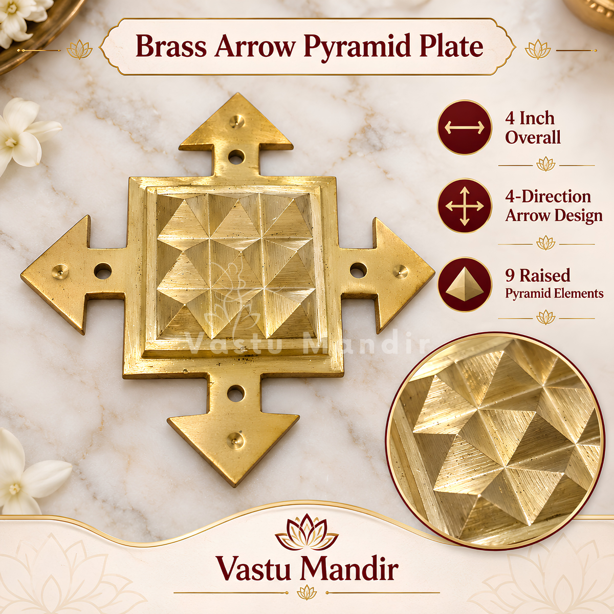 Brass Arrow Pyramid Plate – Vastu Remedy for South Direction Correction | Energy Flow Support | 4 x 4 Inch | ~350 g
