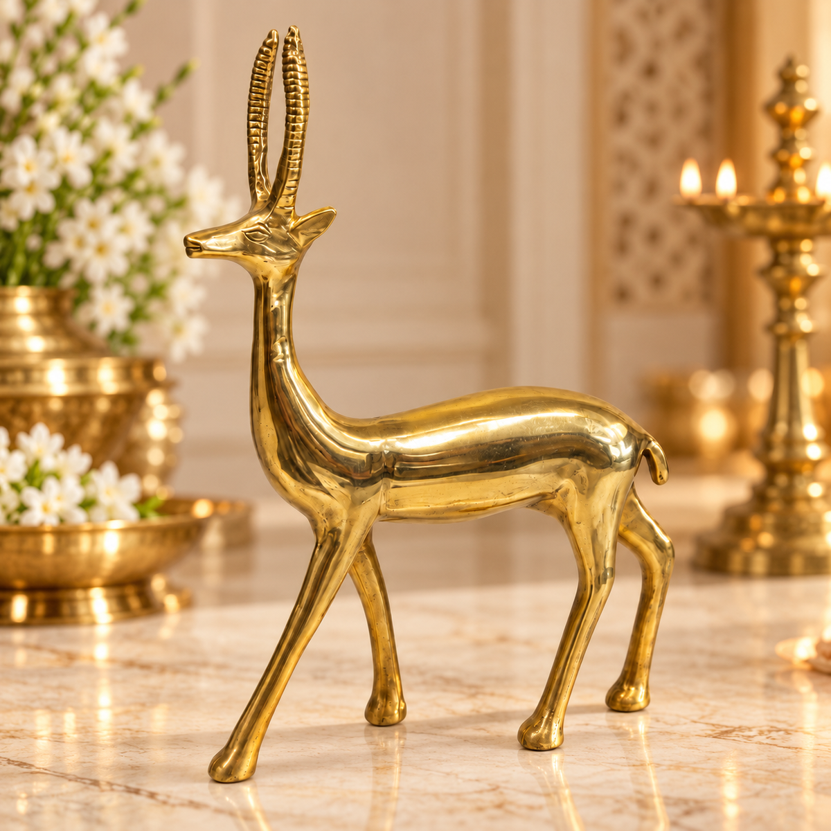 Handcrafted Brass Deer Idol Vastu Remedy for Stability, Stamina and Energy Balance for WNW Zone, Home and Office Placement | 12 x 22 cm | 820 gm