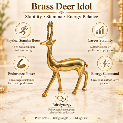 Handcrafted Brass Deer Idol Vastu Remedy for Stability, Stamina and Energy Balance for WNW Zone, Home and Office Placement | 12 x 22 cm | 820 gm