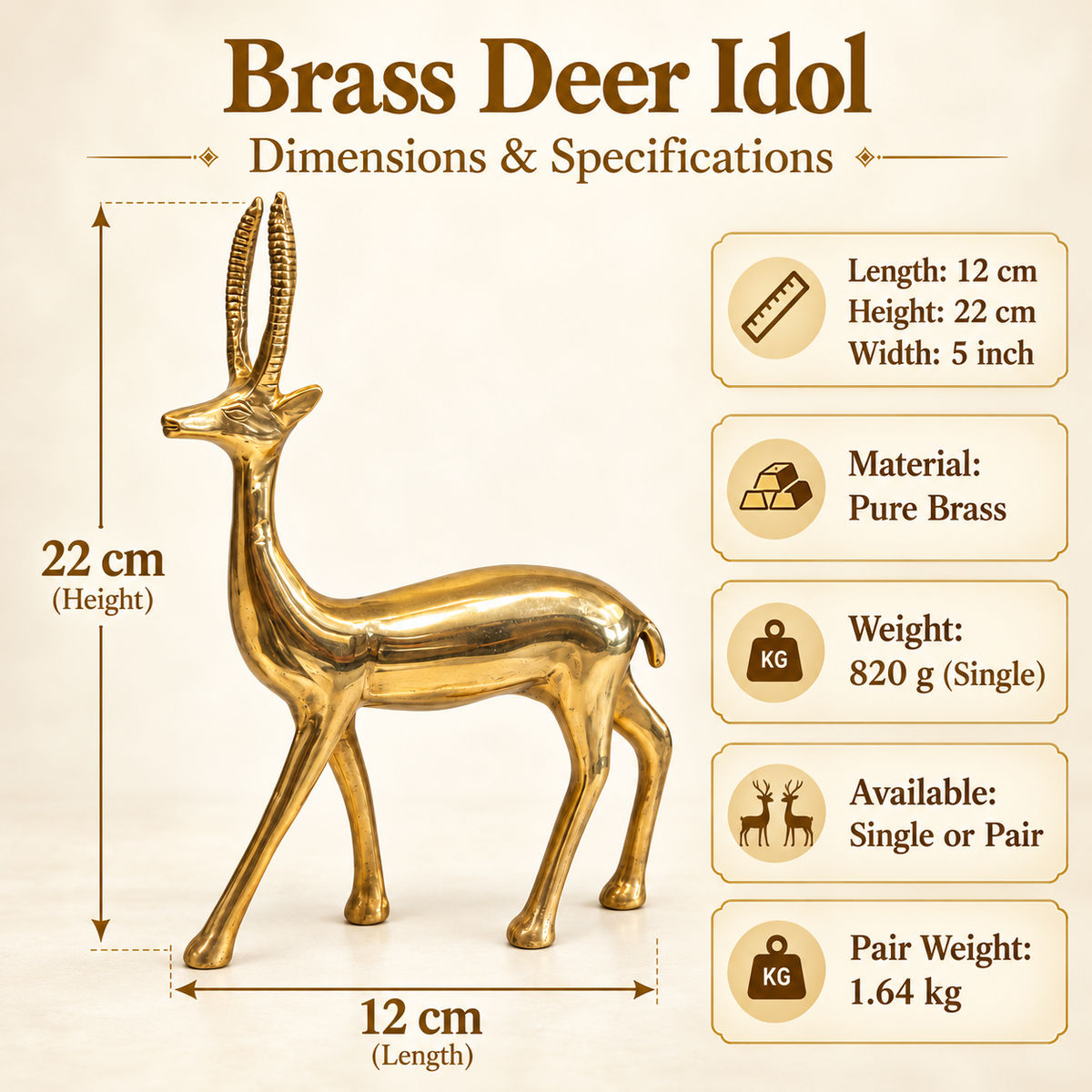Handcrafted Brass Deer Idol Vastu Remedy for Stability, Stamina and Energy Balance for WNW Zone, Home and Office Placement | 12 x 22 cm | 820 gm