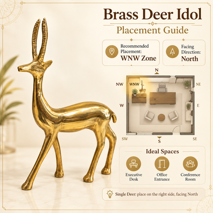 Handcrafted Brass Deer Idol Vastu Remedy for Stability, Stamina and Energy Balance for WNW Zone, Home and Office Placement | 12 x 22 cm | 820 gm