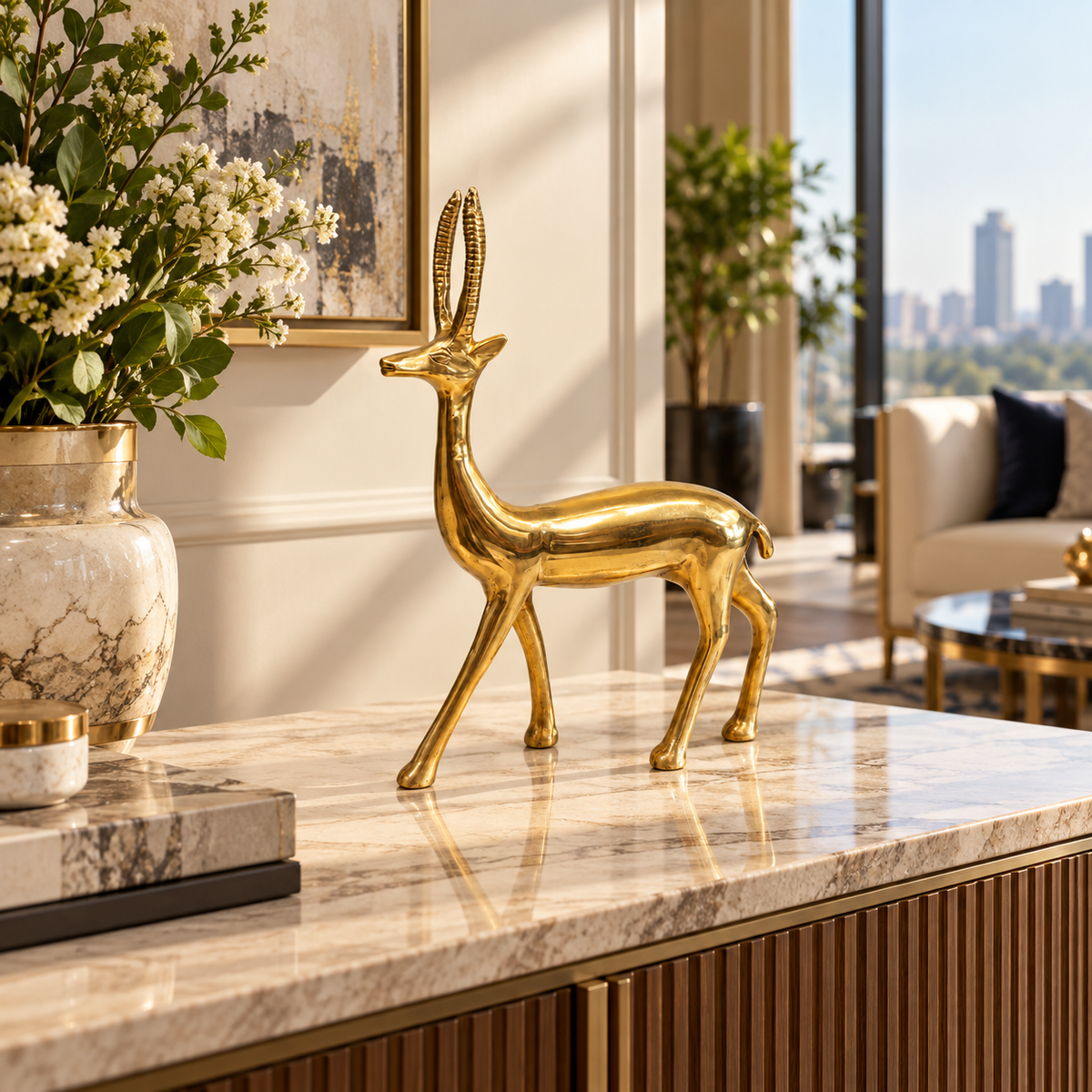 Handcrafted Brass Deer Idol Vastu Remedy for Stability, Stamina and Energy Balance for WNW Zone, Home and Office Placement | 12 x 22 cm | 820 gm
