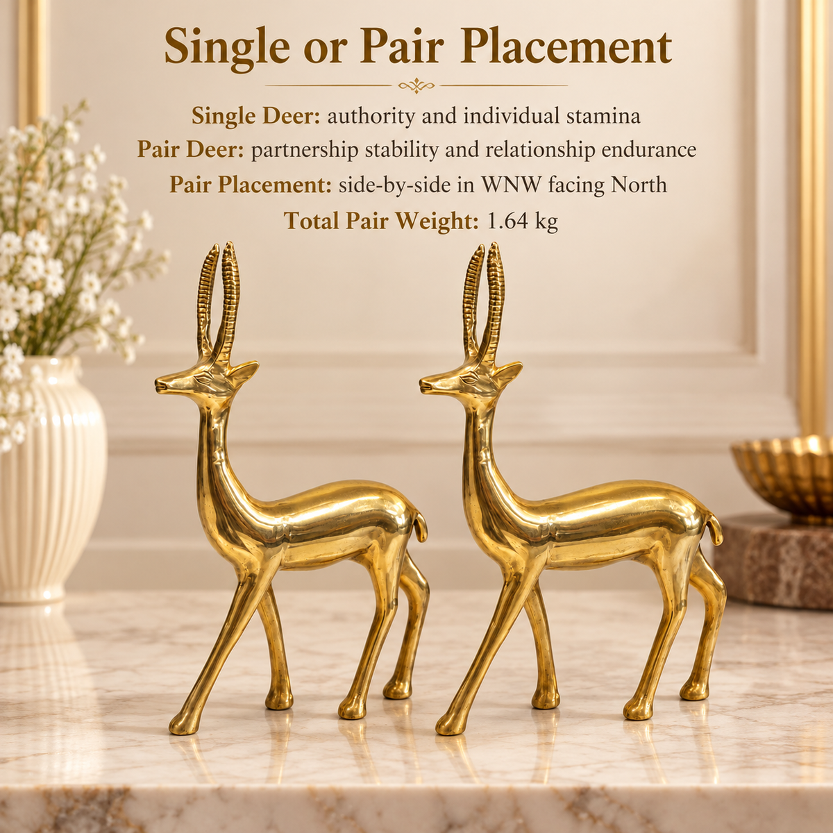 Handcrafted Brass Deer Idol Vastu Remedy for Stability, Stamina and Energy Balance for WNW Zone, Home and Office Placement | 12 x 22 cm | 820 gm