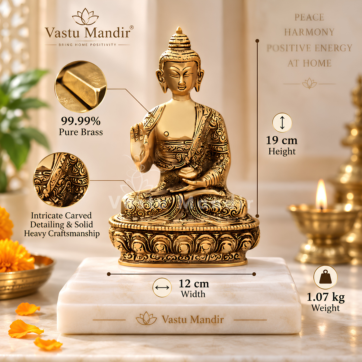 Brass Buddha Idol Vastu Remedy for Peace, Wisdom and Calm Energy for Home and Office | 12 x 19 cm | 1.07 kg