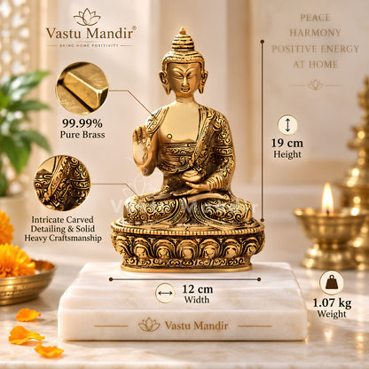 Brass Buddha Idol Vastu Remedy for Peace, Wisdom and Calm Energy for Home and Office | 12 x 19 cm | 1.07 kg