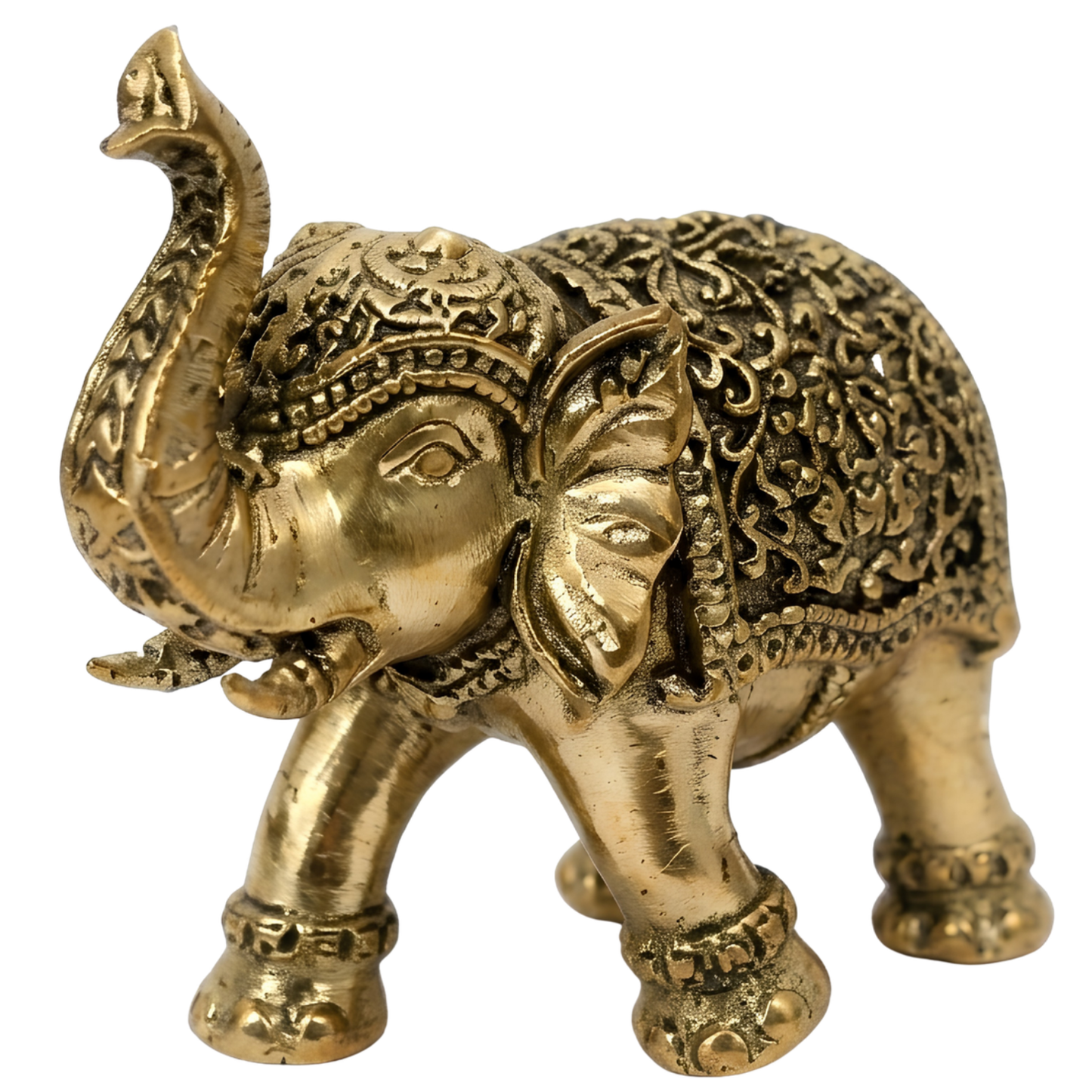 Compact 2-inch pure brass elephant figurine with an upward-curving raised trunk and detailed antique back blanket
