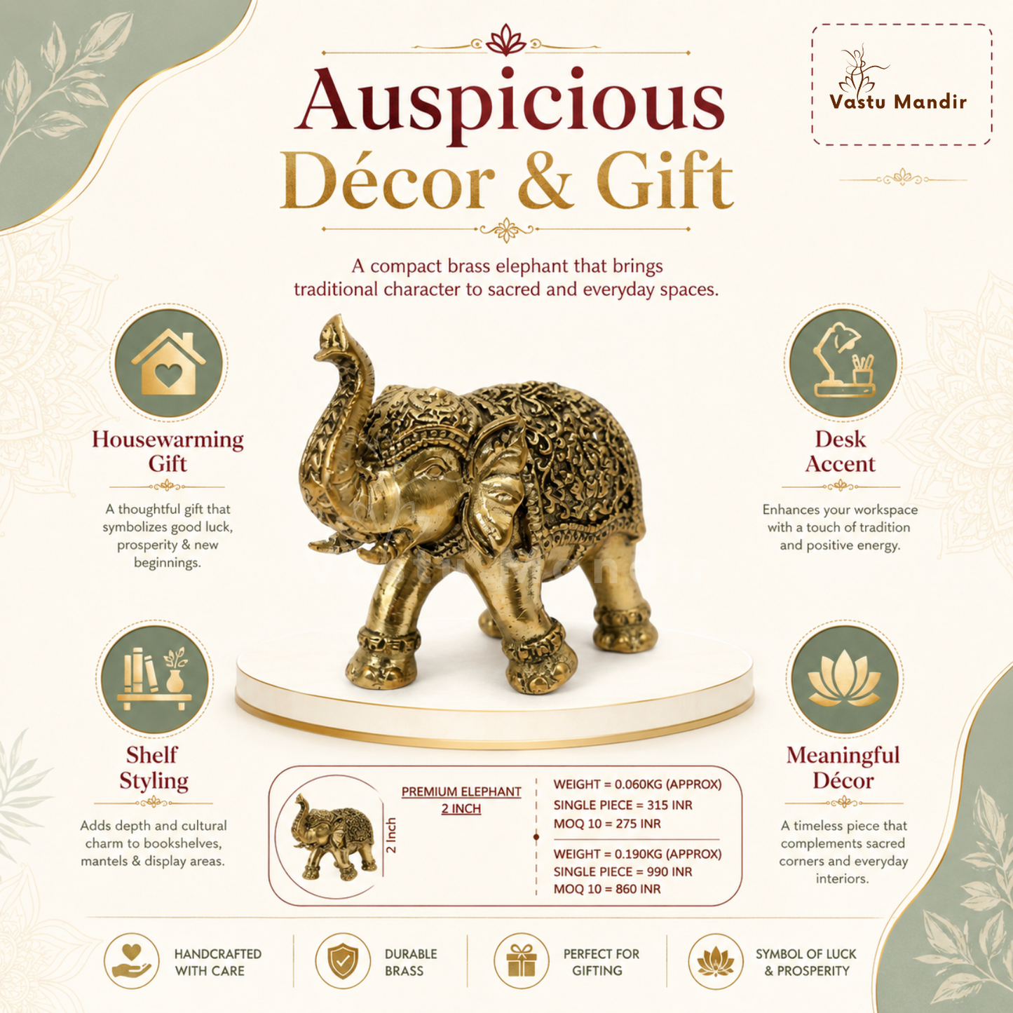 Royal Elephant Brass Figurine | Vastu Remedy for Strength, Stability & Good Fortune | 2 Inch | 60 g
