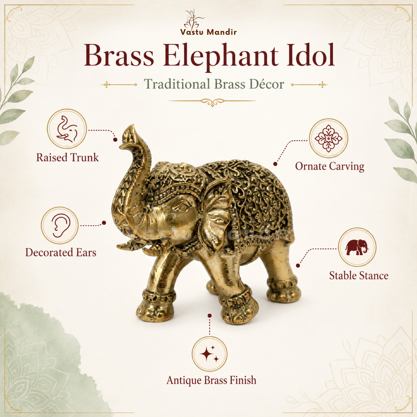 Brass elephant idol with decorative features on a beige background