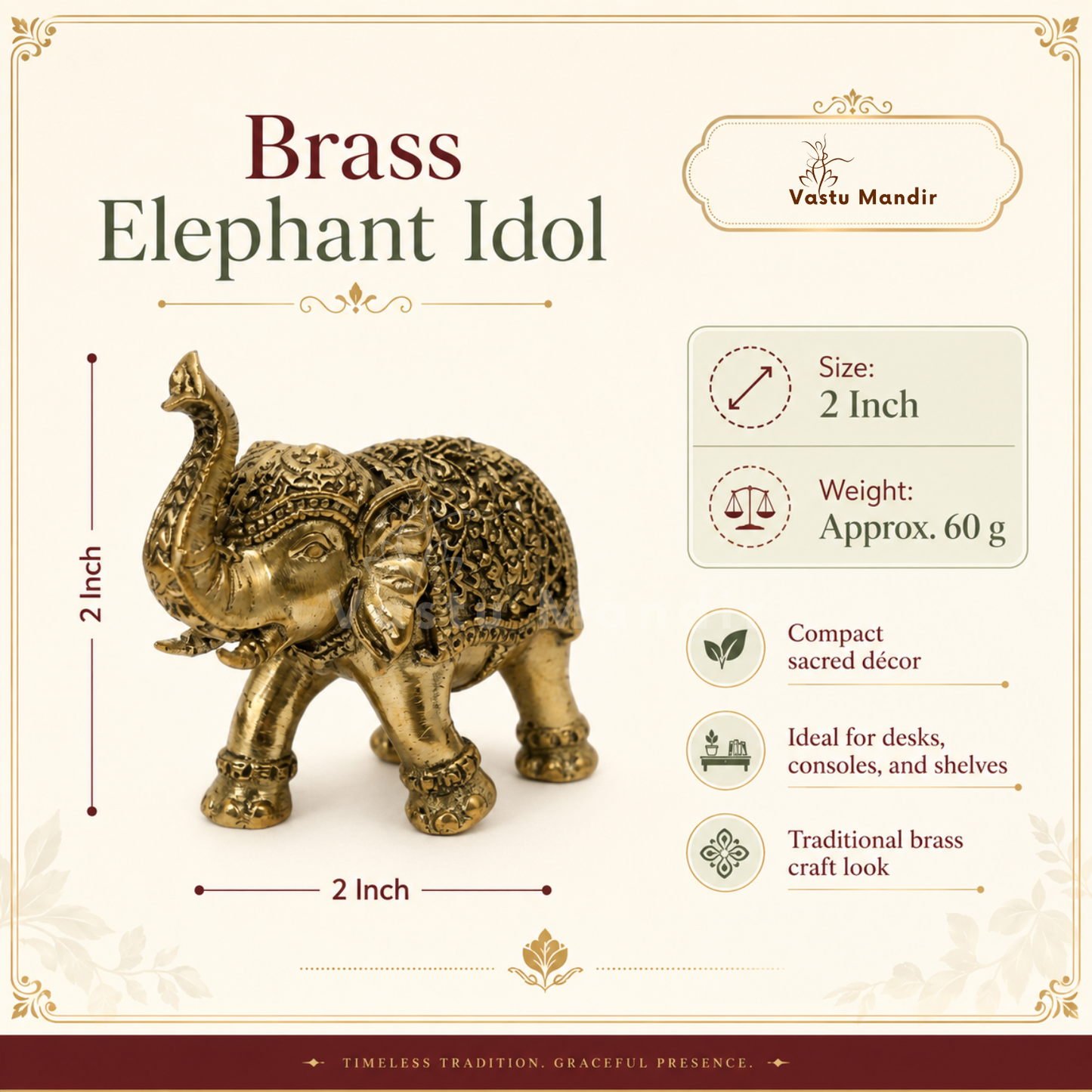 Royal Elephant Brass Figurine | Vastu Remedy for Strength, Stability & Good Fortune | 2 Inch | 60 g