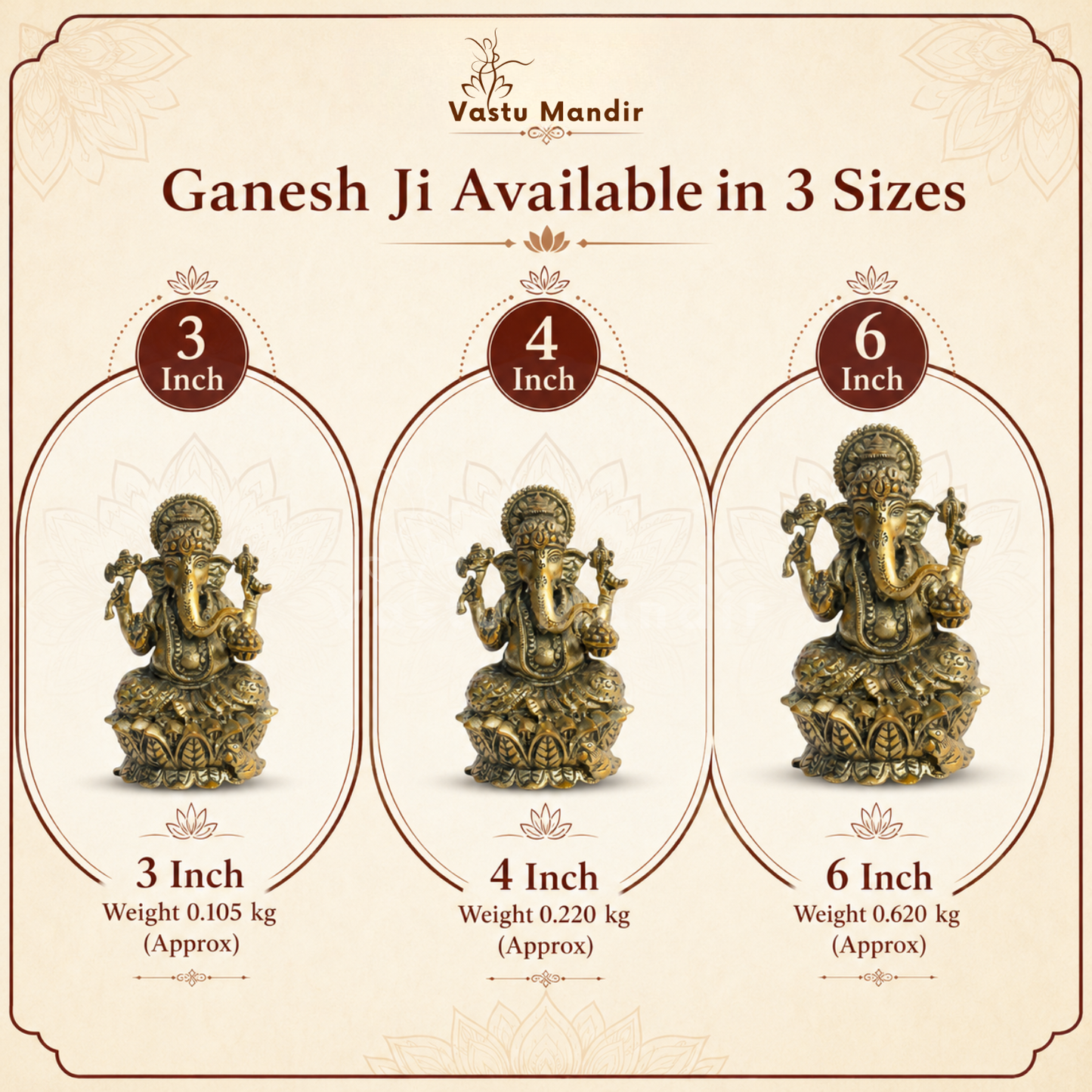 Brass Ganesha Idol on Lotus Base | Vastu Remedy for Obstacle Removal, Intellect & Prosperity Support | 3 - 6 inchs