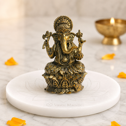 Brass Ganesha Idol on Lotus Base | Vastu Remedy for Obstacle Removal, Intellect & Prosperity Support | 3 - 6 inchs