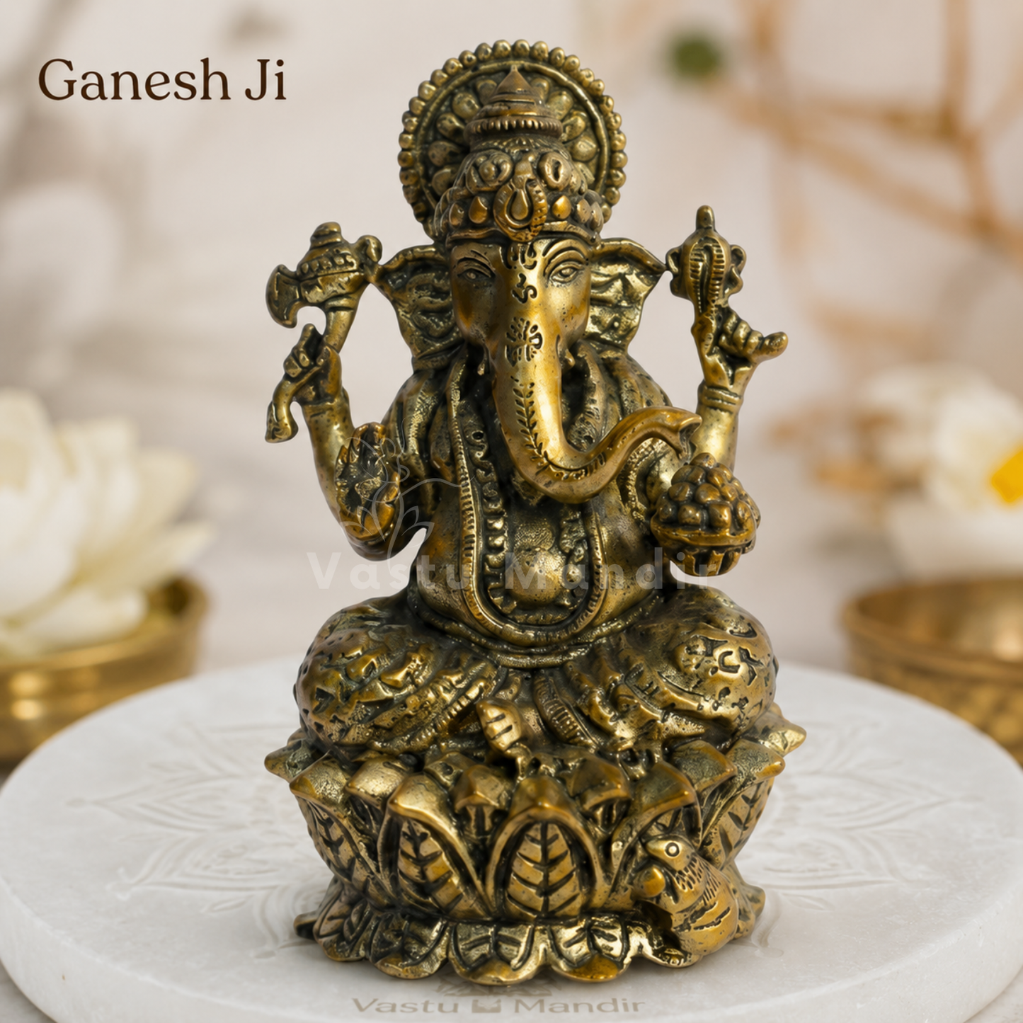 Brass Ganesha Idol on Lotus Base | Vastu Remedy for Obstacle Removal, Intellect & Prosperity Support | 3 - 6 inchs