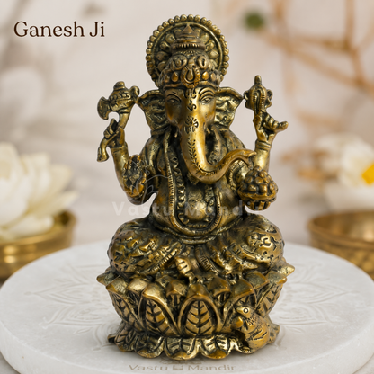 Brass Ganesha Idol on Lotus Base | Vastu Remedy for Obstacle Removal, Intellect & Prosperity Support | 3 - 6 inchs