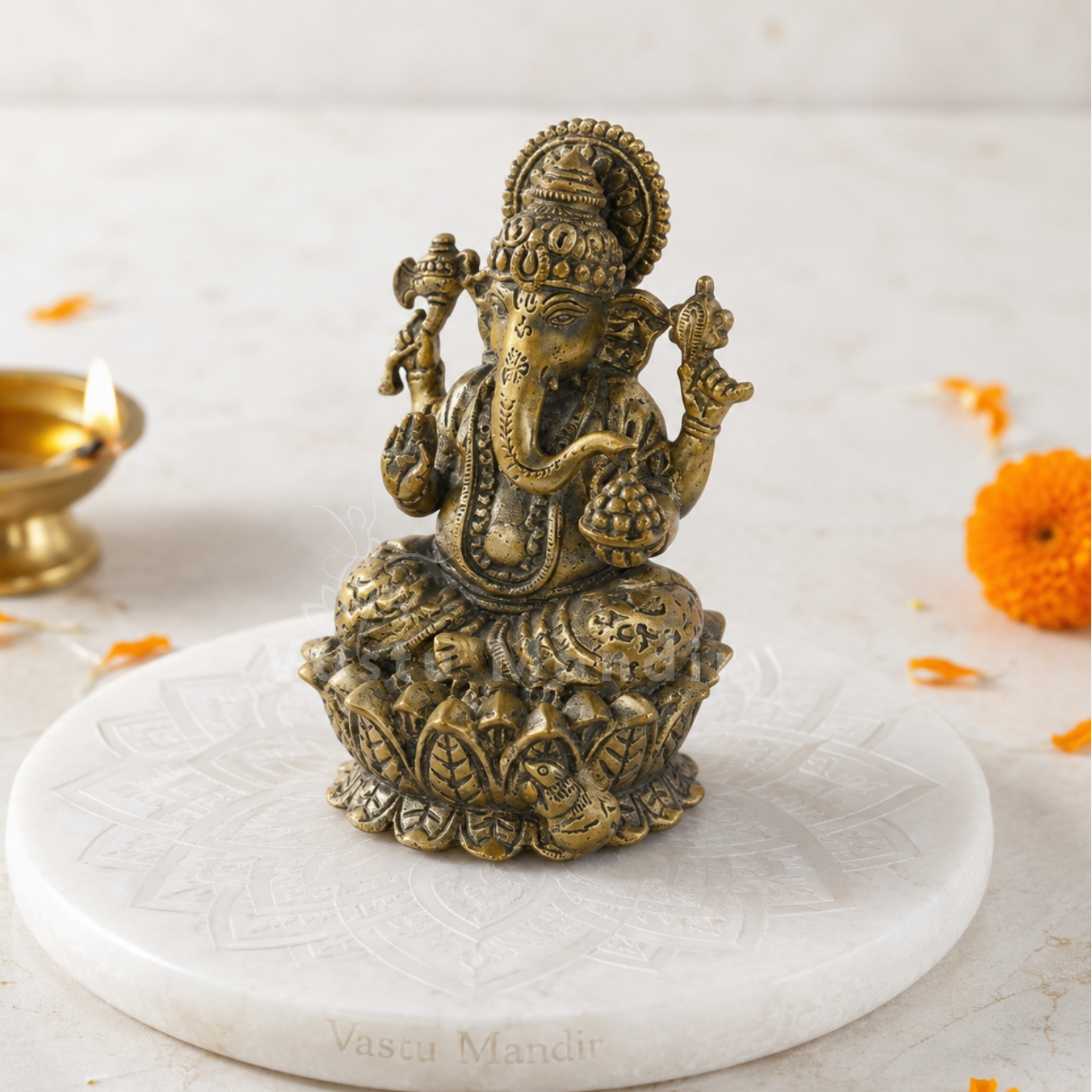 Brass Ganesha Idol on Lotus Base | Vastu Remedy for Obstacle Removal, Intellect & Prosperity Support | 3 - 6 inchs