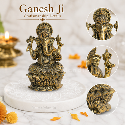 Brass Ganesha Idol on Lotus Base | Vastu Remedy for Obstacle Removal, Intellect & Prosperity Support | 3 - 6 inchs