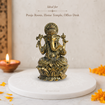 Brass Ganesha Idol on Lotus Base | Vastu Remedy for Obstacle Removal, Intellect & Prosperity Support | 3 - 6 inchs