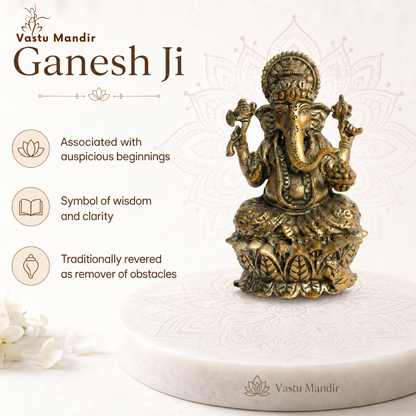 Brass Ganesha Idol on Lotus Base | Vastu Remedy for Obstacle Removal, Intellect & Prosperity Support | 3 - 6 inchs