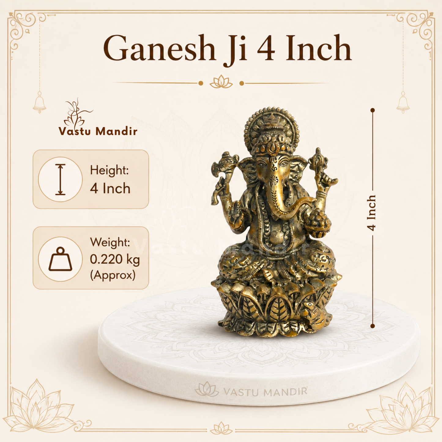 Brass Ganesha Idol on Lotus Base | Vastu Remedy for Obstacle Removal, Intellect & Prosperity Support | 3 - 6 inchs