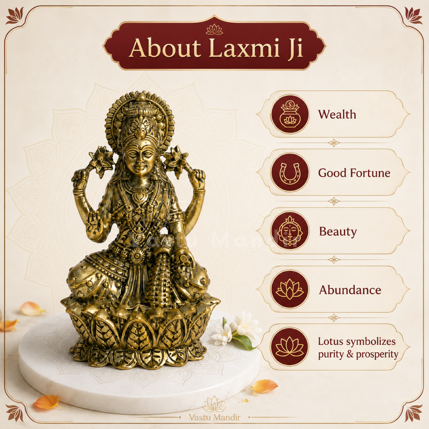 Brass Goddess Lakshmi Idol | Vedic Vastu Sculpture for Wealth, Abundance & Prosperity | 3 Sizes