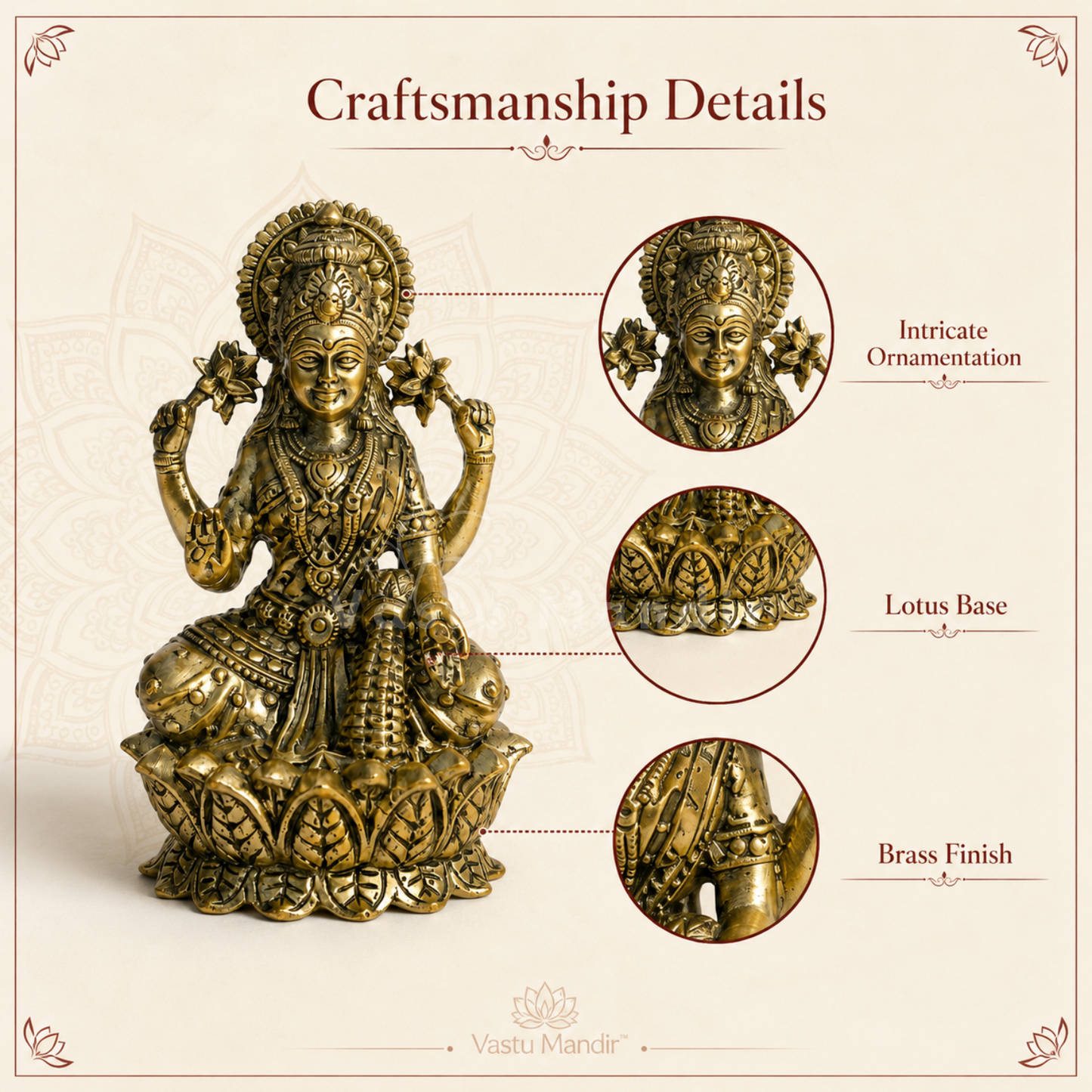 Brass Goddess Lakshmi Idol | Vedic Vastu Sculpture for Wealth, Abundance & Prosperity | 3 Sizes