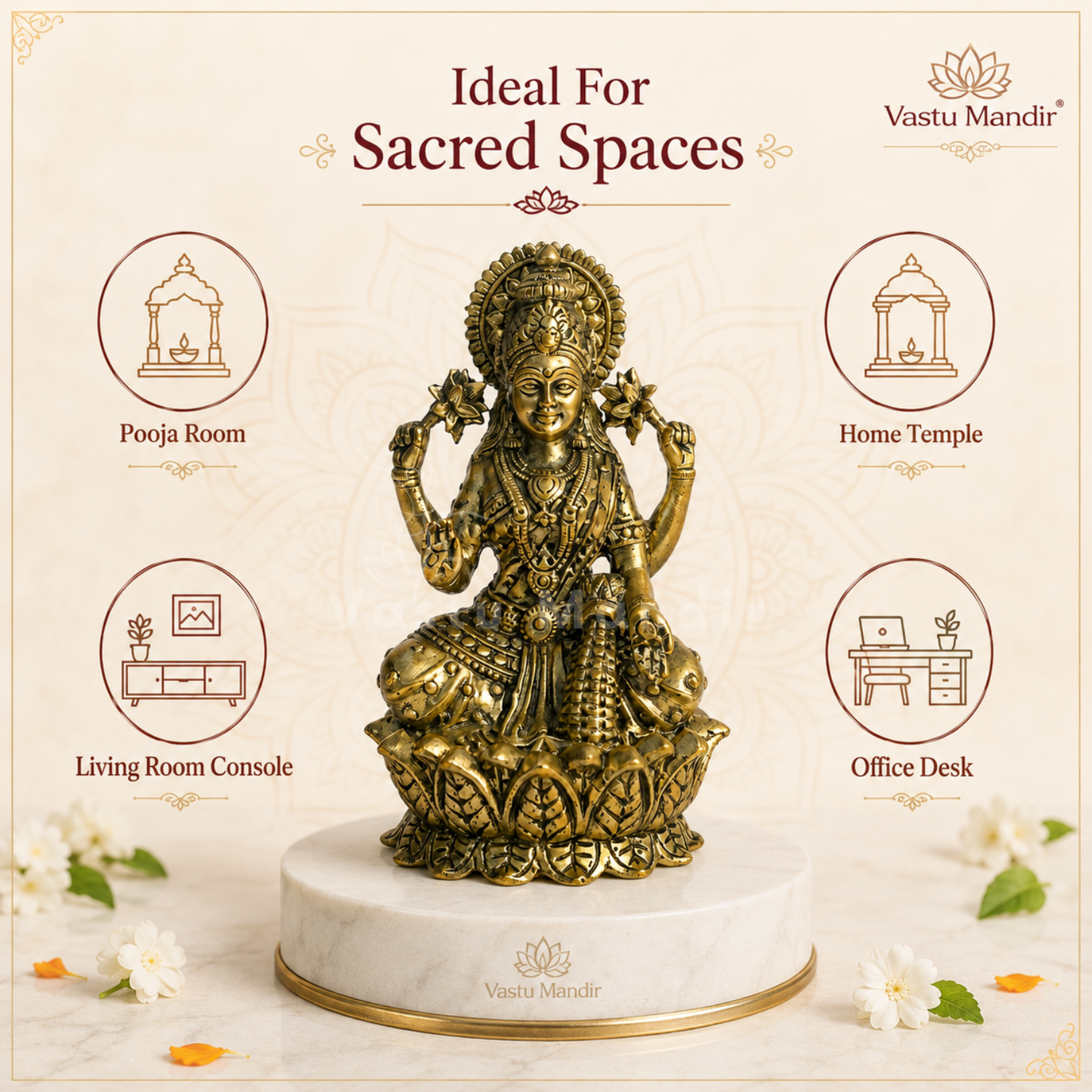 Brass Goddess Lakshmi Idol | Vedic Vastu Sculpture for Wealth, Abundance & Prosperity | 3 Sizes
