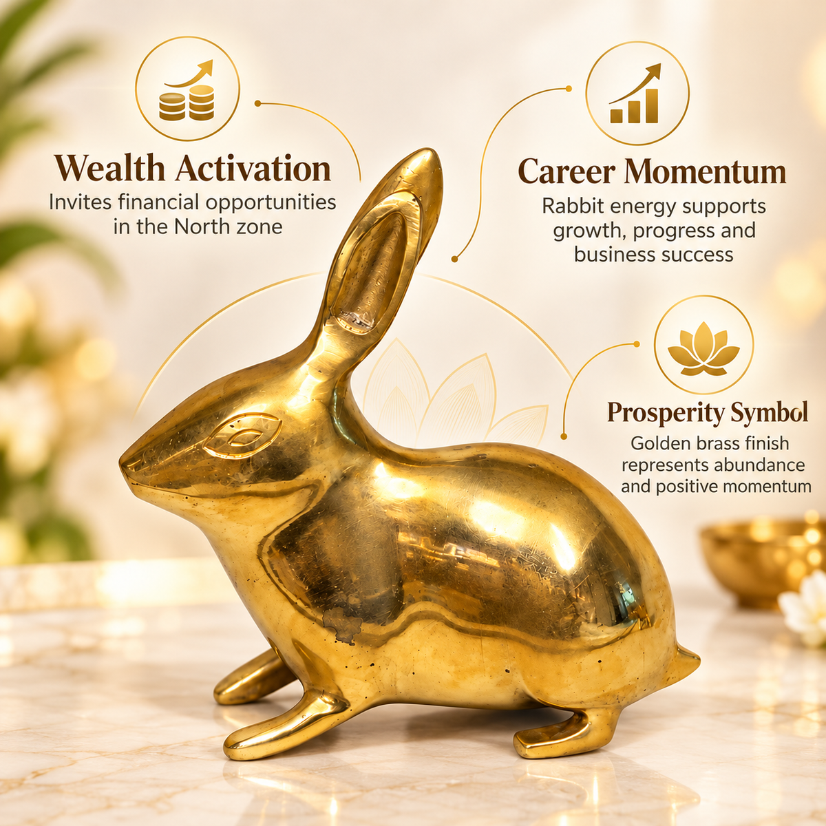 Golden Rabbit Brass Idol – Auspicious Vastu Remedy for Wealth Attraction & Prosperity | Ideal for North Direction, Office Desk & Home Entrance | 13 x 4.5 x 11.5 cm | 670 g