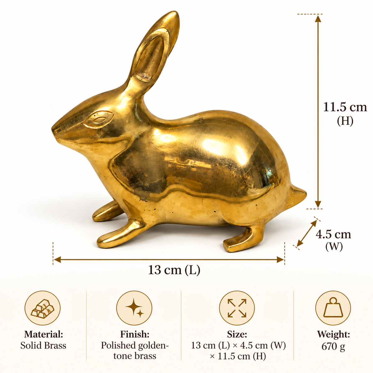 Golden Rabbit Brass Idol – Auspicious Vastu Remedy for Wealth Attraction & Prosperity | Ideal for North Direction, Office Desk & Home Entrance | 13 x 4.5 x 11.5 cm | 670 g