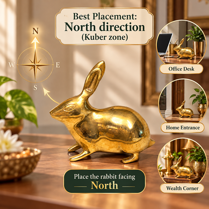 Golden Rabbit Brass Idol – Auspicious Vastu Remedy for Wealth Attraction & Prosperity | Ideal for North Direction, Office Desk & Home Entrance | 13 x 4.5 x 11.5 cm | 670 g