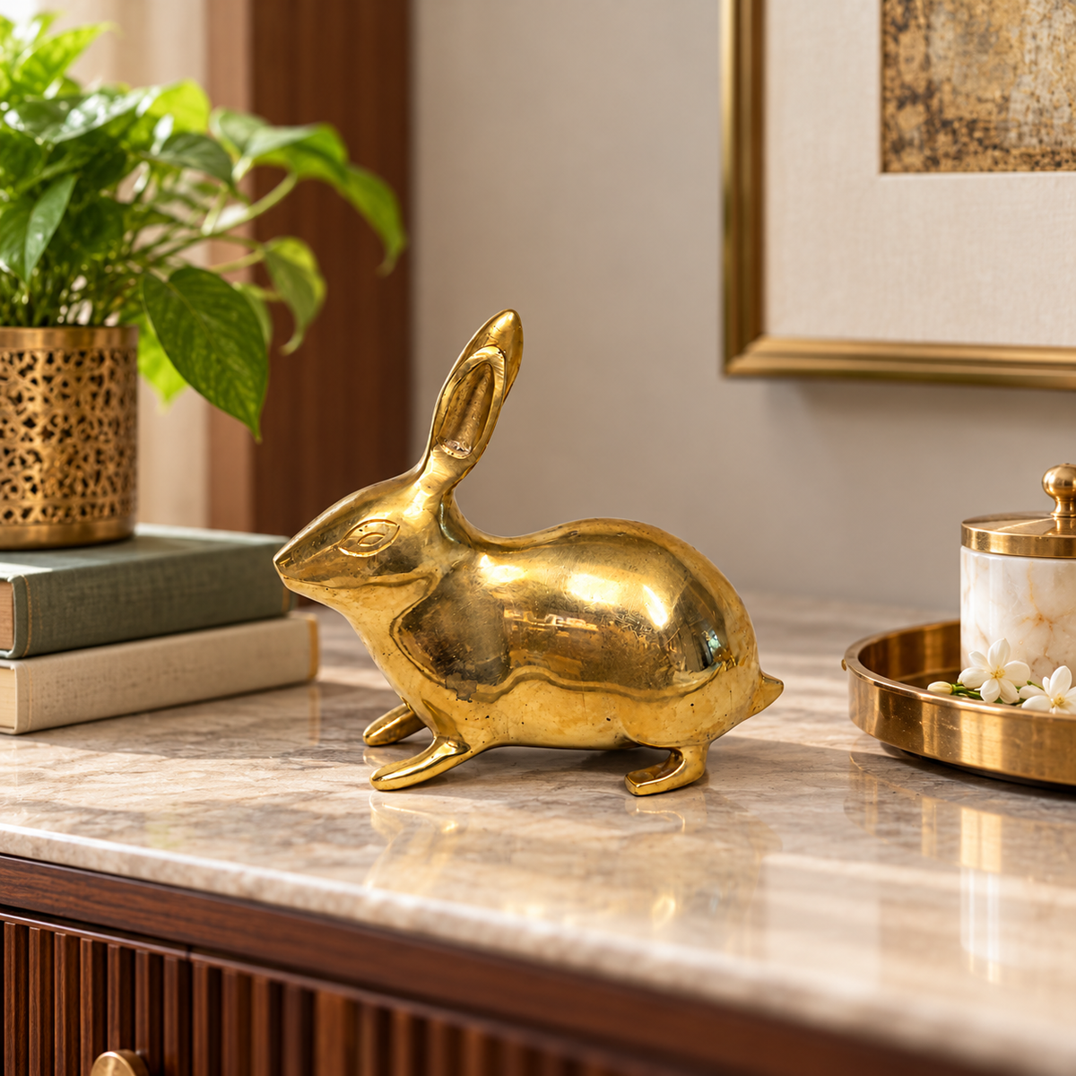 Golden Rabbit Brass Idol – Auspicious Vastu Remedy for Wealth Attraction & Prosperity | Ideal for North Direction, Office Desk & Home Entrance | 13 x 4.5 x 11.5 cm | 670 g
