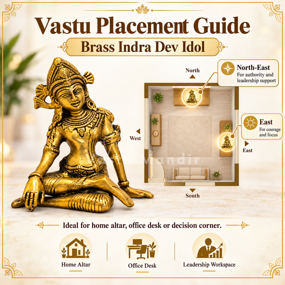 Brass Indra Dev Idol Vastu Remedy for Authority, Courage and Divine Protection for Home and Office Placement | 15 x 8 x 14.3 cm | 1.20 kg